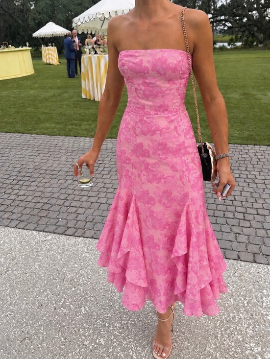 Dresses & Skirts - FORE Pink Strapless Floral Midi Dress with Ruffle Hem, Size M